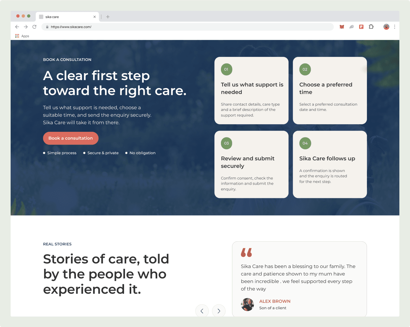 SikaCare consultation booking and testimonials